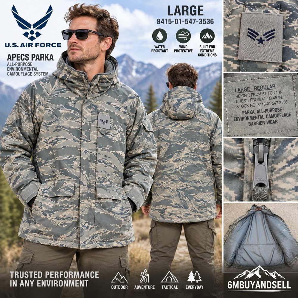US Air Force USAF APECS Parka Tiger Stripe Camo Jacket Large 8415-01-547-3536